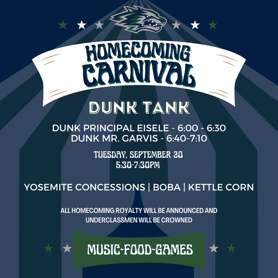 DON'T FORGET - tonight is the night!! Come eat some food and try your luck at the dunk tank. We'll have Yosemite Concessions, Boba, Kettle Corn and plenty of games!
