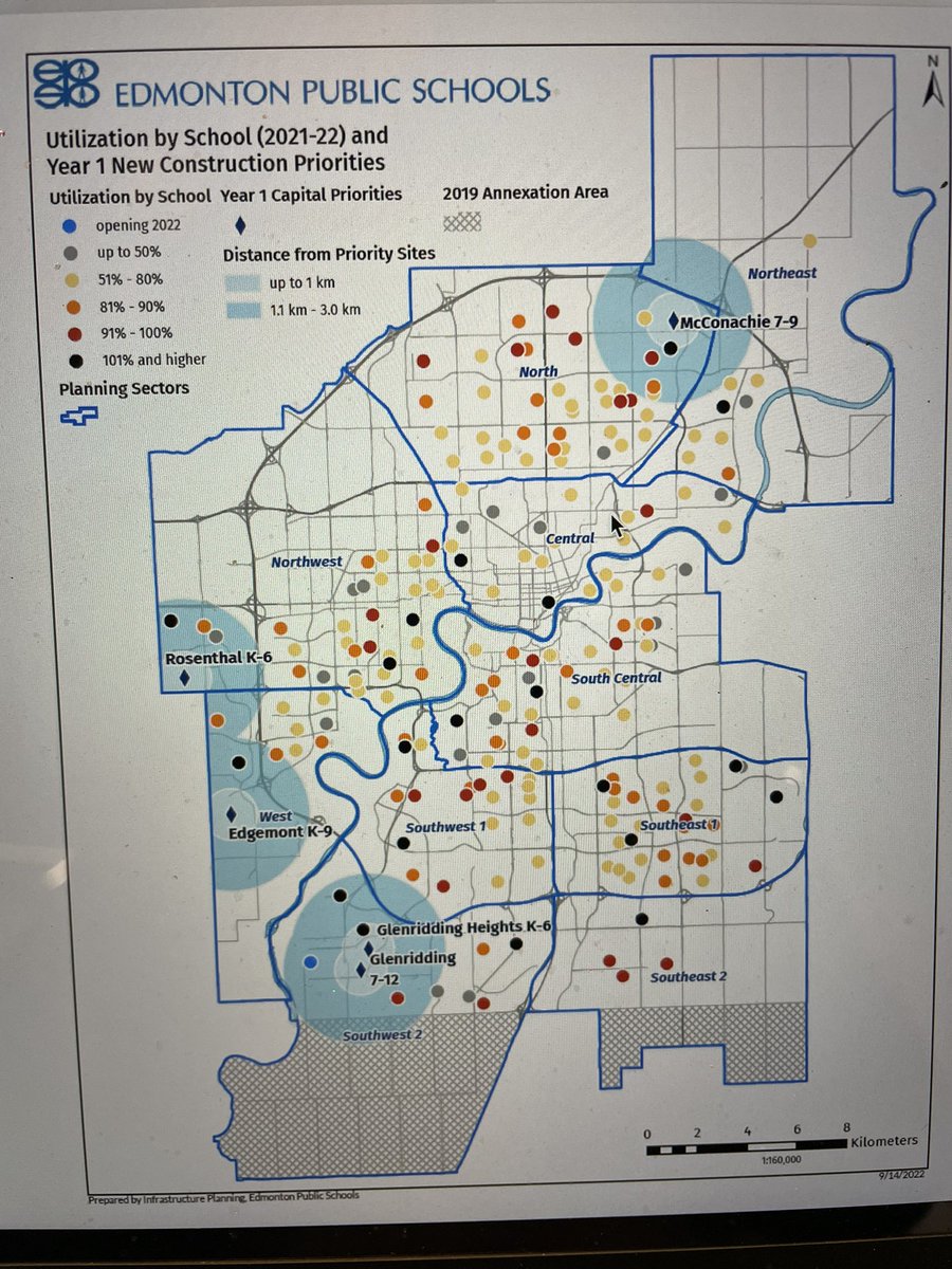 TrishEstabrooks's tweet photo. Today, #epsb amended our capital plan. Edgemont now number two on our priority list. Need for new schools continues to be a top concern. See map below for just how full many of our school are. #yeg https://t.co/WejuNqifUB