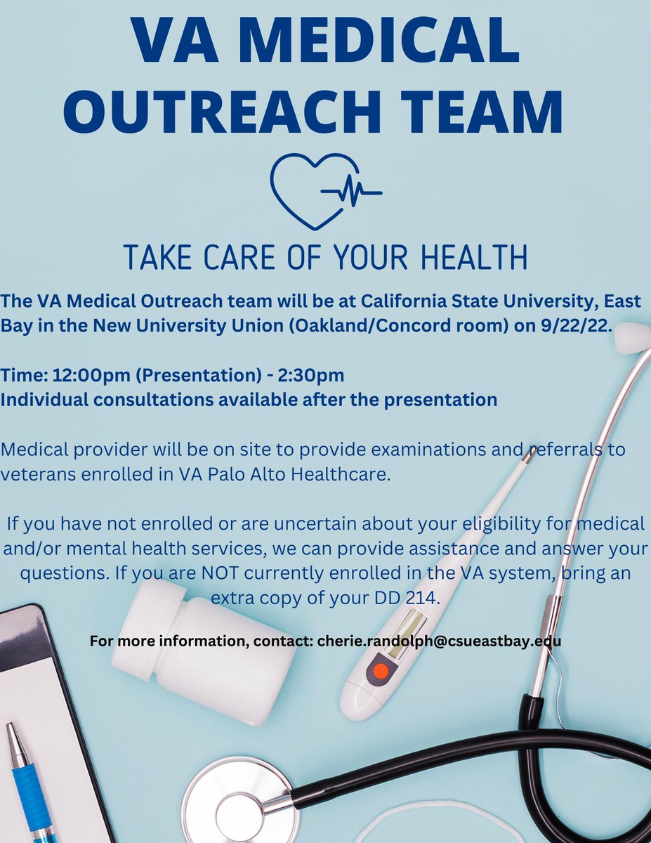 CsuebSvo's tweet photo. The VA Palo Alto Medical team will be here this Thursday, September 22nd from 12:00pm to 2:30pm in the New UU - Oakland/Concord room. They are available for medical care, healthcare enrollment, scheduling appointments, physicals, and much more!!!! https://t.co/KBBkcXcCtb