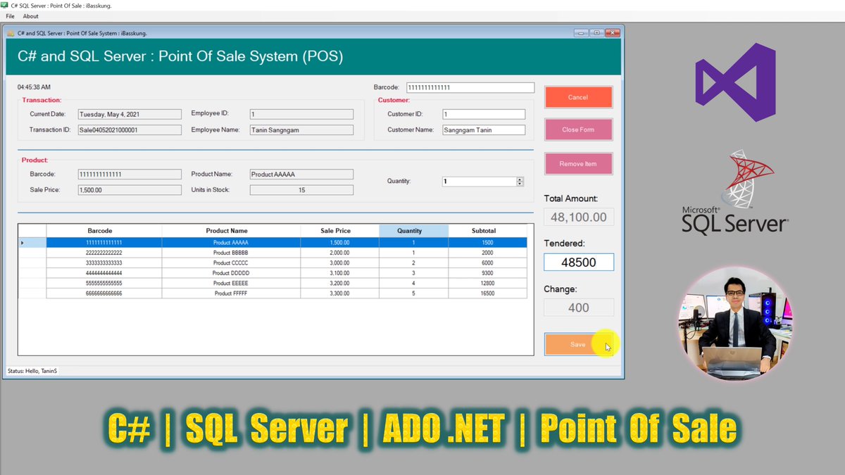 IBasskung's tweet photo. C# with SQL Server (ADO .NET) The Point Of Sale System.
- If you would like the source code, please visit my store: https://t.co/a7RceOYog9
#VisualStudio2019 #CSharp #SQLServer #ADOdotNET #Programming #Coding #CodeAMinute #SourceCode #iBasskung #OnlineCourses https://t.co/PaIMarzJmY