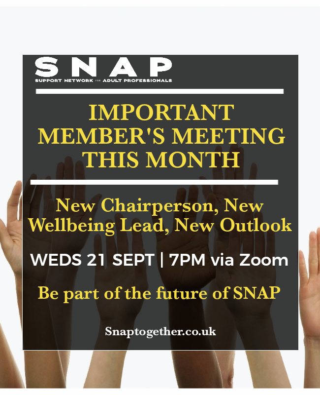 SNAP_Together's tweet photo. VERY IMPORTANT MEMBERS MEETING TONIGHT
Today (Wednesday 21 September) at 7pm with our new chairperson @mark_hassell
SNAP is evolving & we want your input
Attend to find out our vision & how you as a member can help
#snapuk #industrysupport #GetInvolved https://t.co/q6OcM41frM