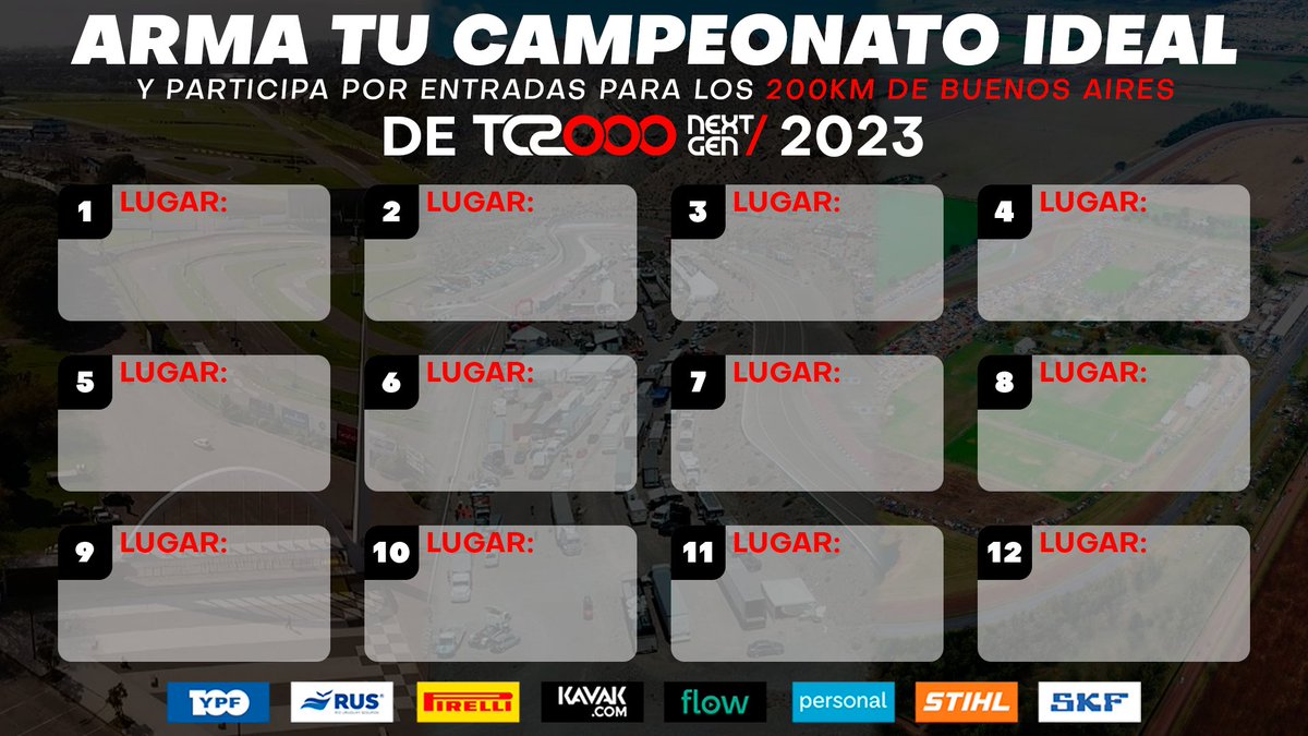SuperTC2000's tweet photo. 🔥 SORTEAMOS ENTRADAS

👉🏼 Contanos cuál sería tu campeonato ideal para 2023 fecha por fecha
👉🏼 Arroba a 1 amigo con quién irías a los #200kmBA

Recordá que para ganar las 🎟️ tenés que seguirnos.

🗓️ Sorteamos pares de entradas entre los que participen 💪🏼 https://t.co/RX2S1VOOqT