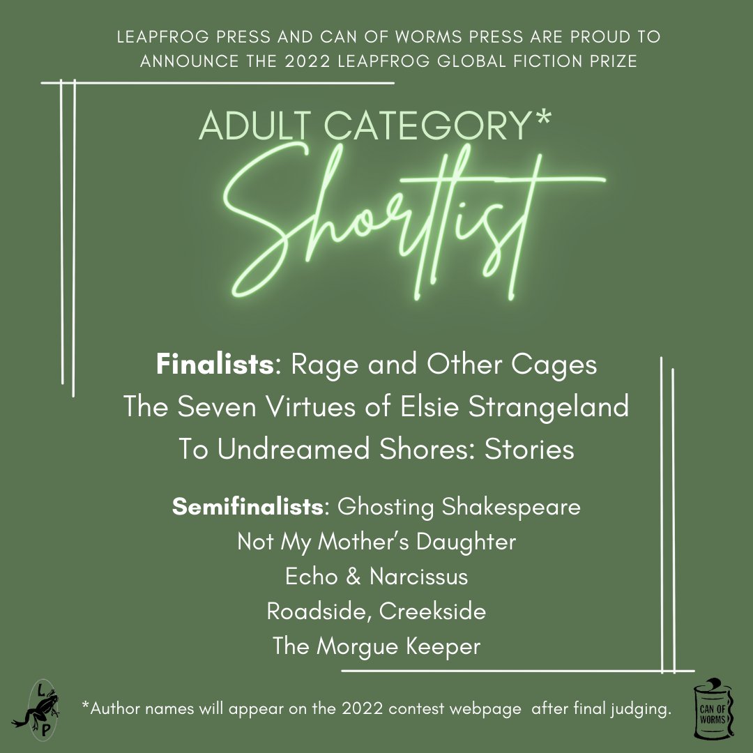 LeapfrogPress1's tweet image. Leapfrog Press is ecstatic to announce the 2022 Leapfrog Global Fiction Prize Adult Category Shortlist!   A huge thank you to our judge, Nancy Pearl, for all that she has done. We look forward to announcing the winner soon!
#leapfrogpress #publishing #fictionprize #Consortium