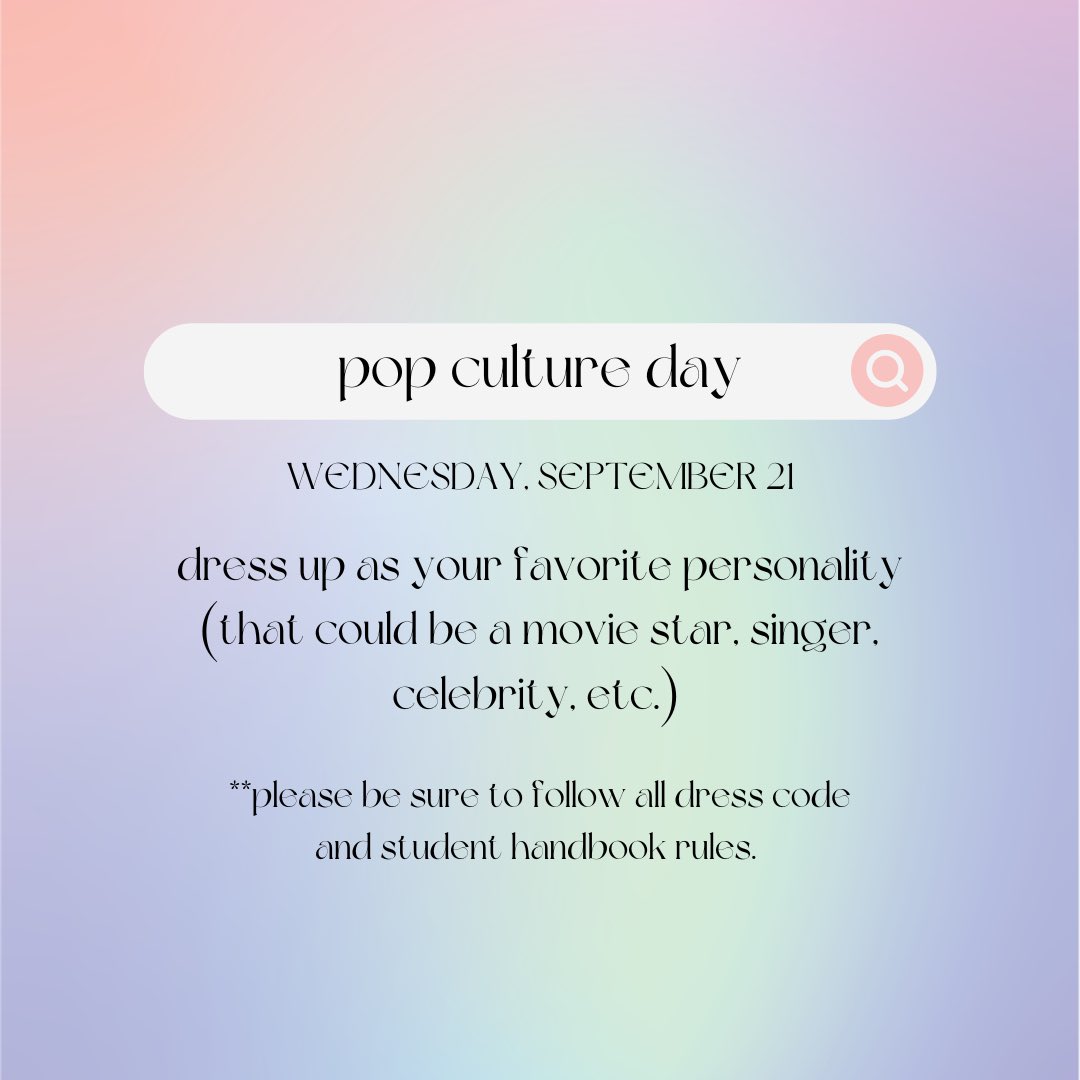 PV_SGA's tweet photo. tomorrow is pop culture day! come dressed as your favorite celebrity or personality!!✨ https://t.co/xffegT0Ufz