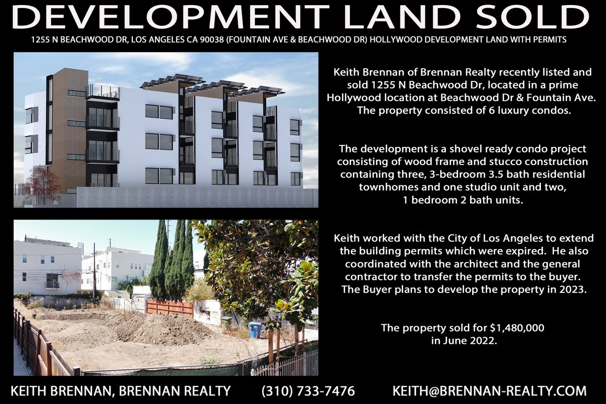 BrennanRealty's tweet photo. Keith Brennan of Brennan Realty recently listed and sold 1255 N Beachwood Dr, located in a prime Hollywood location at Beachwood Dr &amp; Fountain Ave. The project was fully entitled with permits to build six luxury condos. The property sold for $1,480,000. https://t.co/8A2XcOhvge