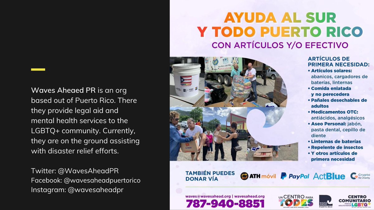 Orgs that are located in Puerto Rico assisting in disaster relief 🇵🇷: <a href="/tsalud/">Taller Salud</a> <a href="/WavesAheadPR/">Waves Ahead Puerto Rico</a>