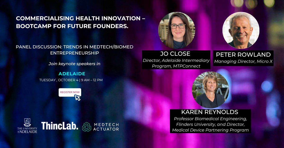 MedTech Actuator (@medtechactuator) on Twitter photo Speaker announcement! Join <a href="/Jo_Close_/">Jo Close</a>, Director Adelaide Intermediary Program, <a href="/MTPConnect_AUS/">MTPConnect</a>, Peter Rowland, Founder, MD, MicroX, & Prof <a href="/small_reynolds/">Karen Reynolds</a>, Director MDPP for the panel discussion on the next trends in #MedTech & #BioMed entrepreneurship. events.humanitix.com/bootcamp-adela… Speaker announcement! Join <a href="/Jo_Close_/">Jo Close</a>, Director Adelaide Intermediary Program, <a href="/MTPConnect_AUS/">MTPConnect</a>, Peter Rowland, Founder, MD, MicroX, & Prof <a href="/small_reynolds/">Karen Reynolds</a>, Director MDPP for the panel discussion on the next trends in #MedTech & #BioMed entrepreneurship. events.humanitix.com/bootcamp-adela…