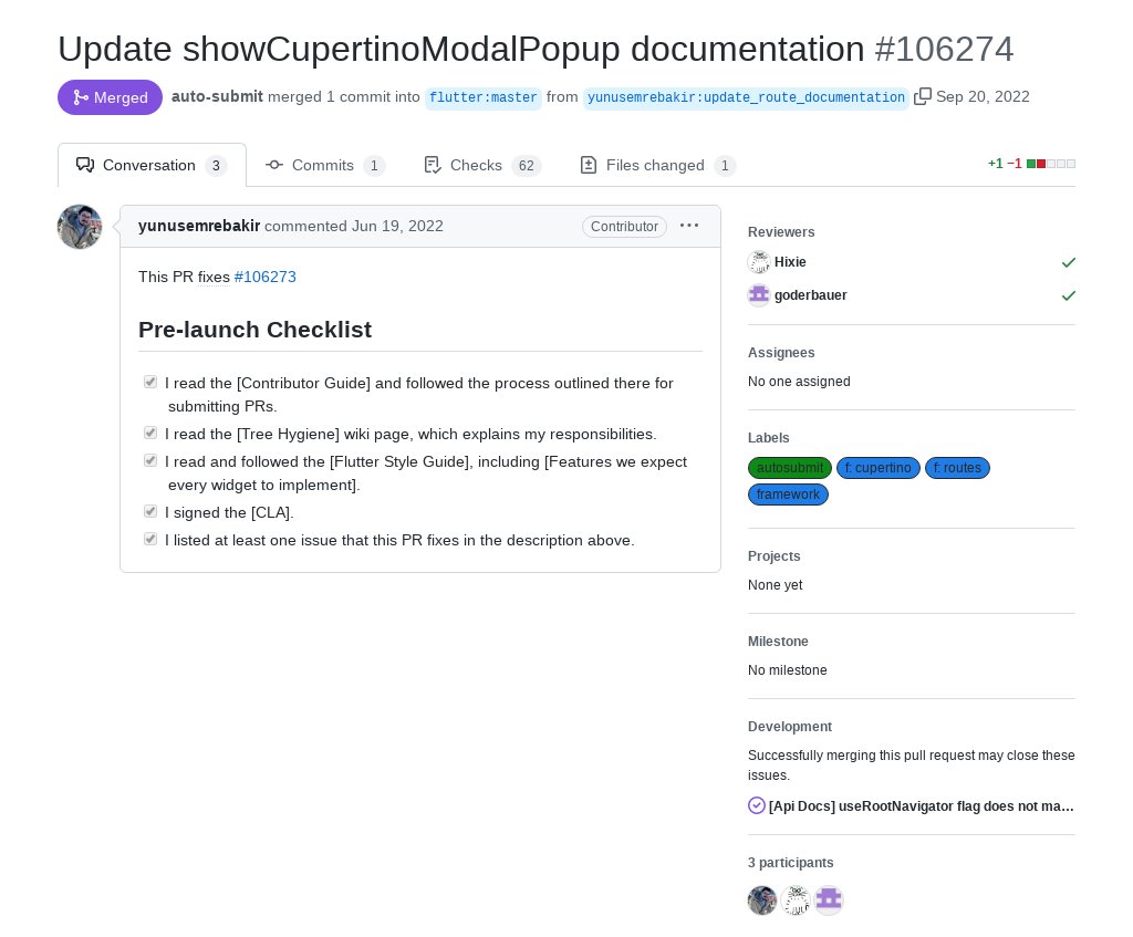 'Update showCupertinoModalPopup documentation' by @yunusemrebakir was merged into #Flutter master github.com/flutter/flutte…