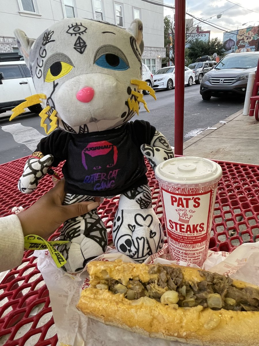 CarlyttaCamper's tweet photo. โ๏ธ๐ธ We landed! First thing Kenzo + I did when we got home? Grabbed a Philly cheesesteak โwitโ of course! #ganggang ๐ค๐ผ๐ค๐ผ๐ฆ @GutterCatGang #TeamPats #DontArgue https://t.co/ysUsbGW0gh