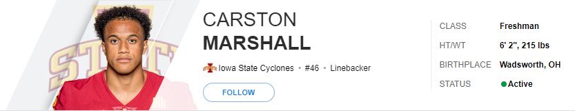 Grizzly Alumni News - 2021 Grizzly alum Carston Marshall led the 3-0 Iowa State Cyclones with a career high 5 tackles last Saturday in their 43-10 victory over Ohio University.