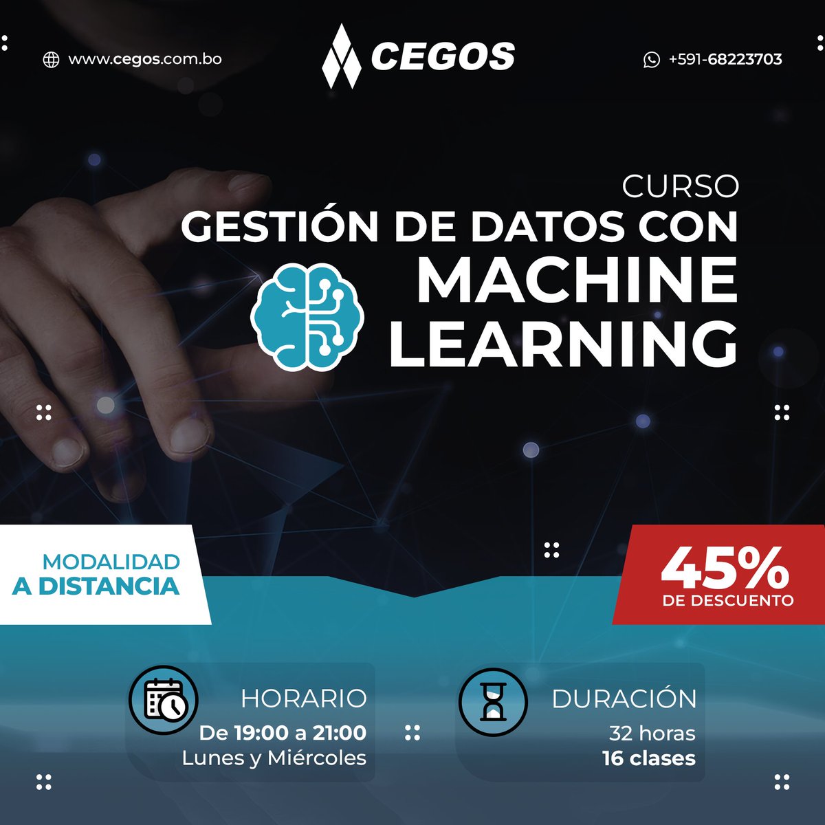 ¡Conoce los desafíos que plantea la Inteligencia Artificial que ya está entre nosotros!

📅 FECHA DE INICIO: 26 de Septiembre
💳 INVERSIÓN: 924 Bs. (45% de descuento)

WhatsApp bit.ly/3qQlna1
consultas@cegos.com.bo

🇧🇴 Bolivia y LATAM
#MachineLearning #CEGOS