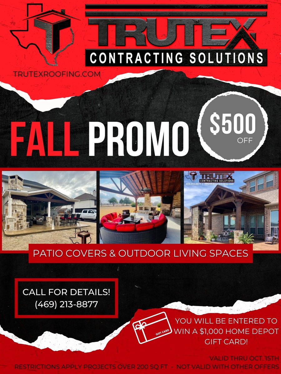 TRUTEXroofing's tweet photo. ⚡ FALL PROMO ⚡ THRU OCT. 15TH ⚡

Don't sleep on this promo! Get your patio cover / outdoor living space started today!

GIVE US A CALL TODAY!
'WE'VE GOT YOU COVERED!'
469-213-8877
https://t.co/zpqCn9iNWU

#TRUTEXContractingSolutions #TRUTEXPatios #TRUTEXOutdoorLiving https://t.co/AyaapJnFY6