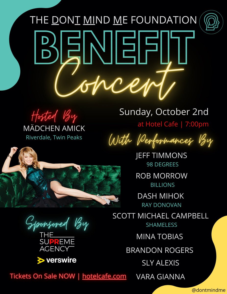 Mädchen Amick (@madchenamick) on Twitter photo weâre hosting our very first benefit concert for our mental health foundation <a href="/dontmindme/">Donât MIND Me</a> with an INCREDIBLE lineup of performers!! <a href="/JeffTimmons/">Jeff Timmons</a> <a href="/RobMorrow_/">Rob Morrow</a> <a href="/DizMihok/">Dash Mihok</a> <a href="/MINATOBIAS_/">Mina Tobias</a> <a href="/brandonrogersLA/">Brandon C. Rogers</a> <a href="/varagianna/">v a r a</a> Sly Alexis, Scott Michael Campbell GET UR TIXđđť new.hotelcafe.com/event/benefit-⌠weâre hosting our very first benefit concert for our mental health foundation <a href="/dontmindme/">Donât MIND Me</a> with an INCREDIBLE lineup of performers!! <a href="/JeffTimmons/">Jeff Timmons</a> <a href="/RobMorrow_/">Rob Morrow</a> <a href="/DizMihok/">Dash Mihok</a> <a href="/MINATOBIAS_/">Mina Tobias</a> <a href="/brandonrogersLA/">Brandon C. Rogers</a> <a href="/varagianna/">v a r a</a> Sly Alexis, Scott Michael Campbell GET UR TIXđđť new.hotelcafe.com/event/benefit-âŚ