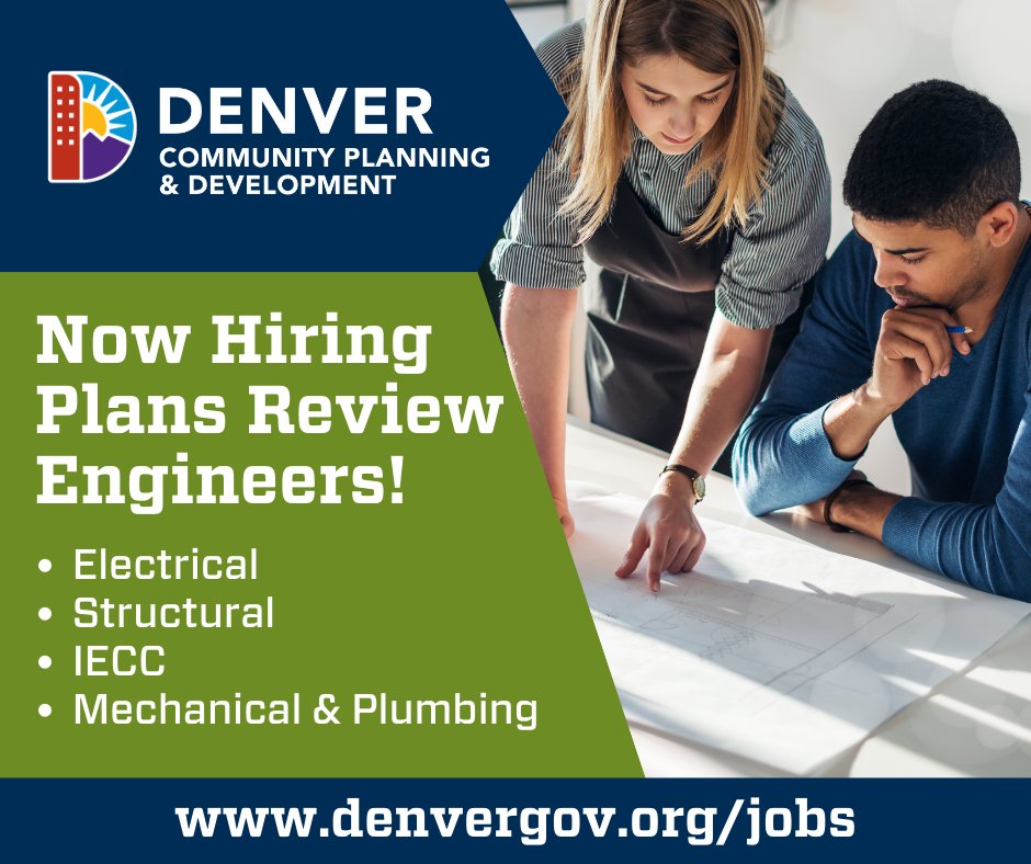 DenverCityJobs's tweet photo. Denver’s #CommunityPlanning and Development Department is looking for Plans Review #Engineers to fill several new and exciting positions on the team! Visit https://t.co/LKyPXqTcDt to learn more and apply today!
@DenverCPD #WhereDenverWorks https://t.co/nPlRXUKLox