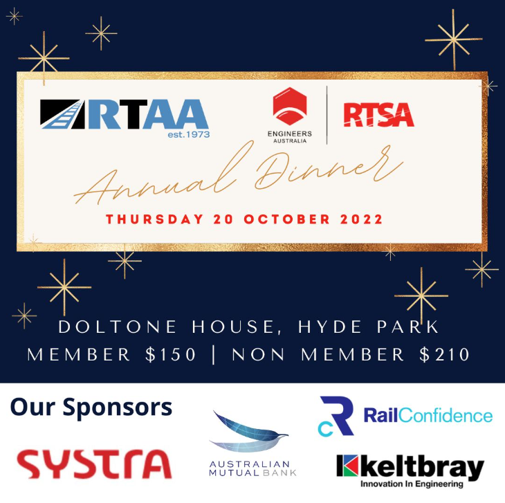 The Joint RTSA (NSW-ACT Chapter) / RTAA Annual dinner is coming up.  Don't miss this great networking event.  Buy tickets via this link:
rtsa.com.au/event/nsw-chap…
<a href="/RailTAA/">RTAA</a>