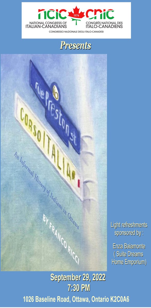 <a href="/OttawaNCIC/">NCICOttawa</a> presents Professor Franco Ricci as his book on the history of Preston St &amp; the Italian community is launched. Event held at Italian Can Historical Centre. Registration: ottawancic@gmail.com