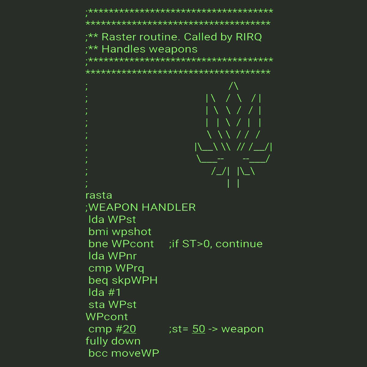 It's a partial #Raster #Routine from the " #Impossible #Code ", called #Rasta #Cuisine . It handles in #Game #Weapons , out #Front #Peace makers and #Plant #Preservation . #Stock #Commodore #Commodore64 #C64 #Assembler #Machine #Language #Custom #3D #RayCast #Engine #EgoShooter !