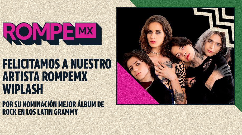 AmazonMusicMX's tweet photo. Hoy se festeja 👏 porque nuestros artistas #RompeMX @silvanaestradab, @nicolezignagom, @Bruses_ y @Wiplash_oficial están nominados en los #LatinGRAMMY. ¡Muchas felicidades! 🤩 https://t.co/Ik768aKTVW