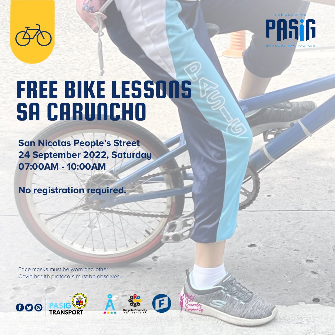 PasigTransport (@pasigtransport) on Twitter photo Ngayong Sabado na ang free bike lessons para sa buwan ng Setyembre:
Caruncho Avenue, 7AM - 10AM. First-come, first served; No pre-registration required.
Salamat sa <a href="/AltMobilityPH/">AltMobility PH</a>, Bicycle Friendly Philippines, <a href="/FNFPhilippines/">FNF Philippines</a>, at Pinay Bike Commuter Community! Ngayong Sabado na ang free bike lessons para sa buwan ng Setyembre:
Caruncho Avenue, 7AM - 10AM. First-come, first served; No pre-registration required.
Salamat sa <a href="/AltMobilityPH/">AltMobility PH</a>, Bicycle Friendly Philippines, <a href="/FNFPhilippines/">FNF Philippines</a>, at Pinay Bike Commuter Community!