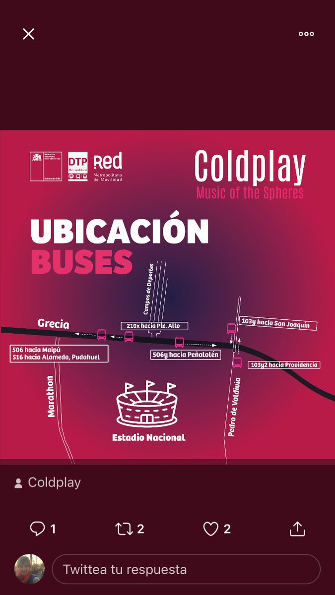 katemjm's tweet photo. @pattytangelica @coldplaycl El metro cierra a las 23hrs, en la web de metro señalan q se mantiene ese horario……pero vi q habian estos buses de apoyo hasta las 00 https://t.co/hHK69Llf1V