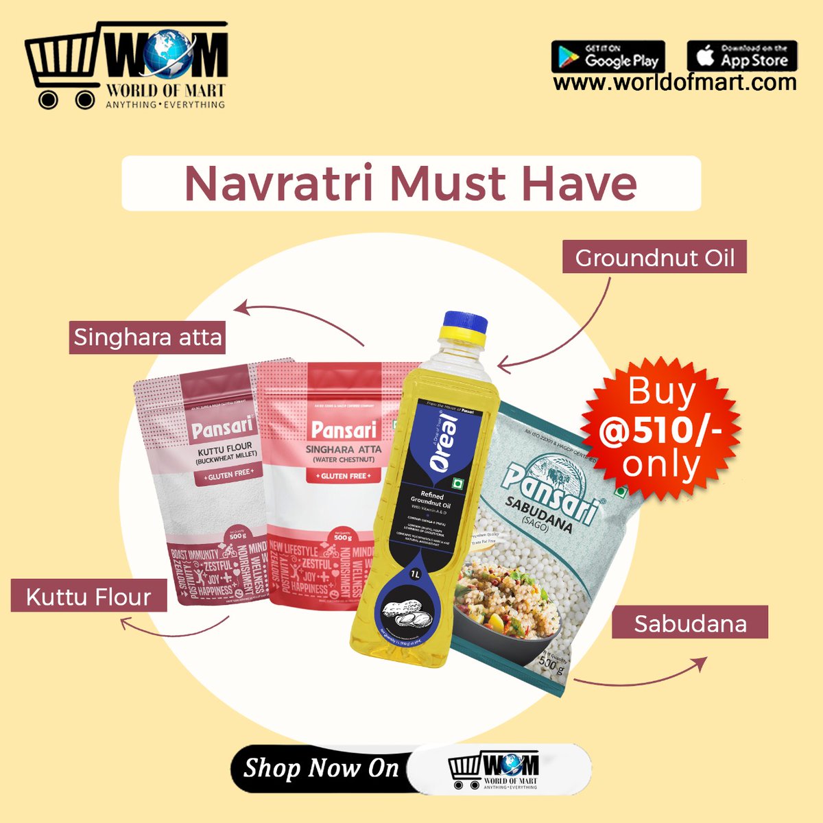 WorldOfMart's tweet photo. It is essential to have a Navratri combo. It consist of Singhara atta, Groundnut Oil, Kuttu Flour and sabudana. Order from World of Mart now.
#wom #worldofmart #navratri #essentialkit #fasting #grocery #groceries #online #fast #fastingfood #food #buy #buynow #happynavratri https://t.co/05fYzqSsK2