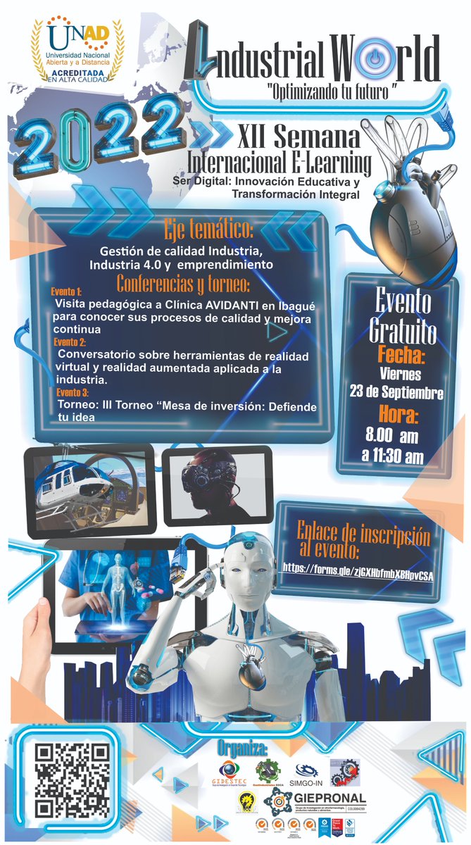 NataliaMolinaA1's tweet photo. Amablemente se les invita al evento Industrial World 2022 enmarcado en la XII Semana E-Learning, será transmitido el día 23 de Septiembre de 2022 por YouTube de 8:00 a.m a 11:30 a.m. 

https://t.co/POEJ9K0INm https://t.co/5gIoBw1007
