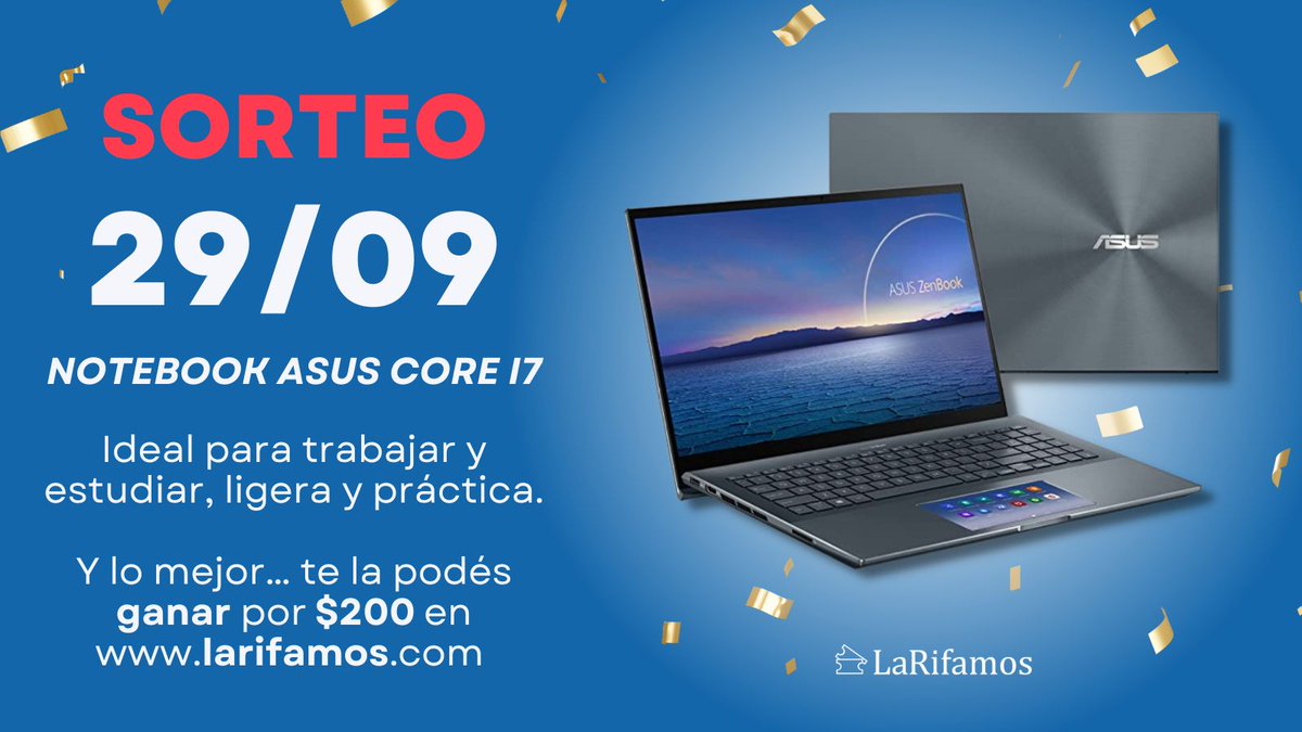 LaRifamos_uy's tweet photo. ¿Sabías que te podés ganar una laptop nueva por $200? 💻 Si, en LaRifamos podés.

Somos la primera plataforma de rifas online del país.  Descubrí más premios increíbles como este en nuestra web.

Estás a un número de lo que más querés 🎟 https://t.co/q5SnlVUG7K
