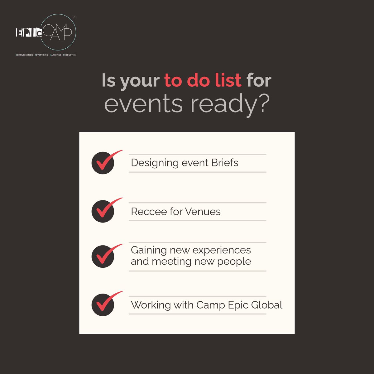 EpicCampGlobal's tweet photo. Once your event to-do list is ready, it's our responsibility to specify how the event will turn out for you!To find out more on how we create new event experiences for you, visit https://t.co/RaCuEmcvKG

#agency #creativeagency  #wednesdaythought #digitalmarketing #CampEpicGlobal https://t.co/rf78CrsF5d