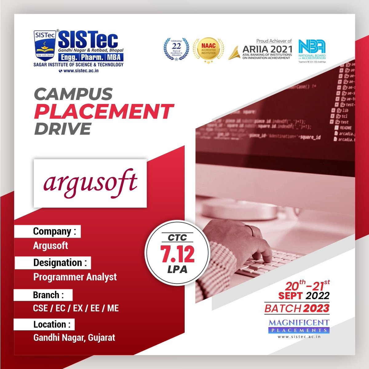 SagarCollege's tweet image. Campus #PlacementDrive Alert🎯🚨
Company: Argusoft
Designation: Programmer Analyst
Date: 20th & 21st September 2022
Branch: CSE/EC/EX/EE/ME (Batch 2023)
Location: Gujarat
🌐 Website: sistec.ac.in
#argusoft #ProgrammerAnalyst #CampusDrive #PlacementDrive
