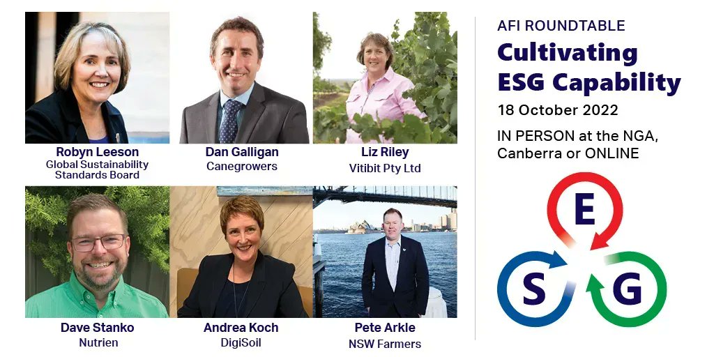 4 WEEKS TO GO until #AFI2022 #AusAgESG Roundtable. Join us in #Canberra (or online) to hear from a range of speakers on what #ESG is & why it matters to #AusAg. More info & tickets > buff.ly/3w1USlc @GRI_Standards @galligan_dan @vitibit @AuNutrien @akagtech @pete_arkle