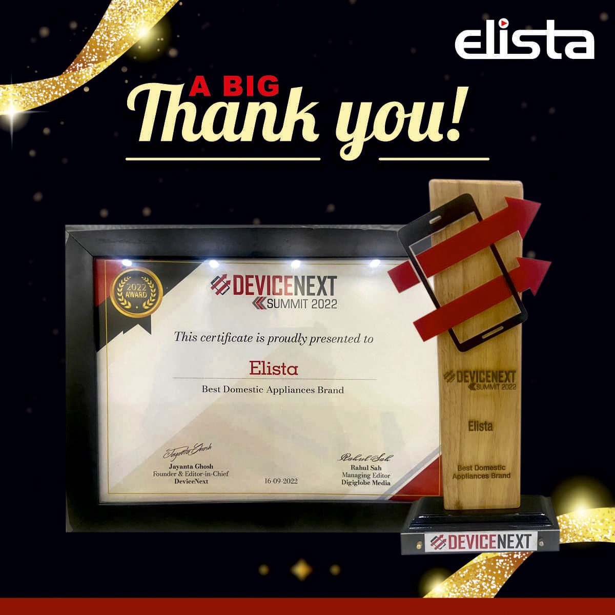 ElistaWorld's tweet photo. A Big Thank You for making us the 'Best Domestic Appliances Brand' as adjudged by #DeviceNext and presented during the #DeviceNextSummit2022 @DeviceNXT https://t.co/NPrPcBTEYe