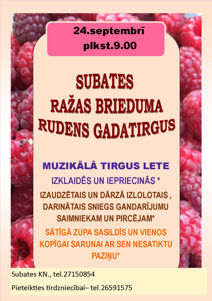 gadatirgi's tweet photo. Subatē ražas brieduma Rudens gadatirgus. Gadatirgi visā Latvijā informē. SEKO UN DALIES!!! Ienāc un uzzini:
https://t.co/0IRKKJRPSo
#subate #tirdzinssubate #gadatirgussubate #atputasubate Atpūta Subatē https://t.co/7p34K9JCT4