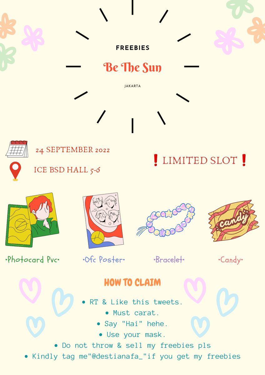destianafa_'s tweet photo. [RT ARE APPRECIATED]
☀️ Freebies Be The Sun In Jakarta ☀️ 

Hai carat aku mau bagi-bagi sedikit freebies untuk kalian yang nonton konser bets day-1. 

🗓 24 SEPTEMBER 2022 
📍ICE BSD HALL 5-6
⏱TBA 
Details bisa baca di tweet bawahnya ya^^

See ya!♡
#BETHESUNinJKT #betsinjkt https://t.co/PoVyI6j22R