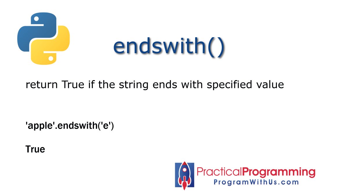 artyudin_nyc's tweet photo. StringMethod endswith() 
return True if the string ends with specified value 

#Python, #DataScience, #MachineLearning, #programwithus, #pythonlearning https://t.co/cShcsPTM4z