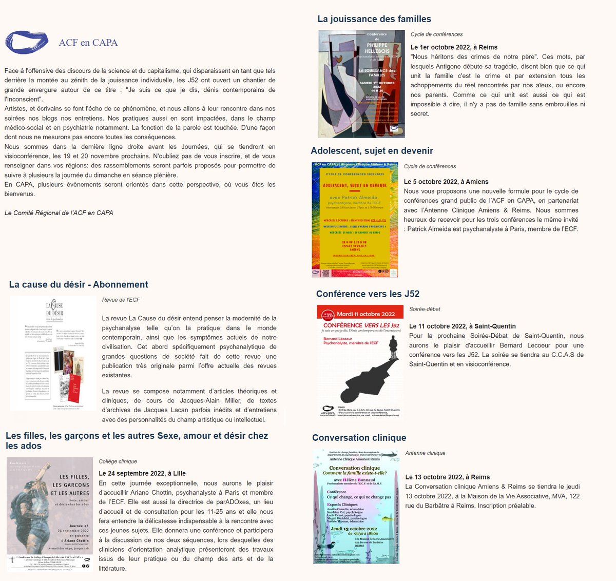 acf_capa's tweet photo. 🗞️La Newsletter de l'#ACFCAPA
Demandez le programme:
#J52
Abonnement à @LaCauseDuDesir
Conférences de Philippe Hellebois, Patrick Almeida, Bernard Lecoeur https://t.co/2yuSW5nT5t