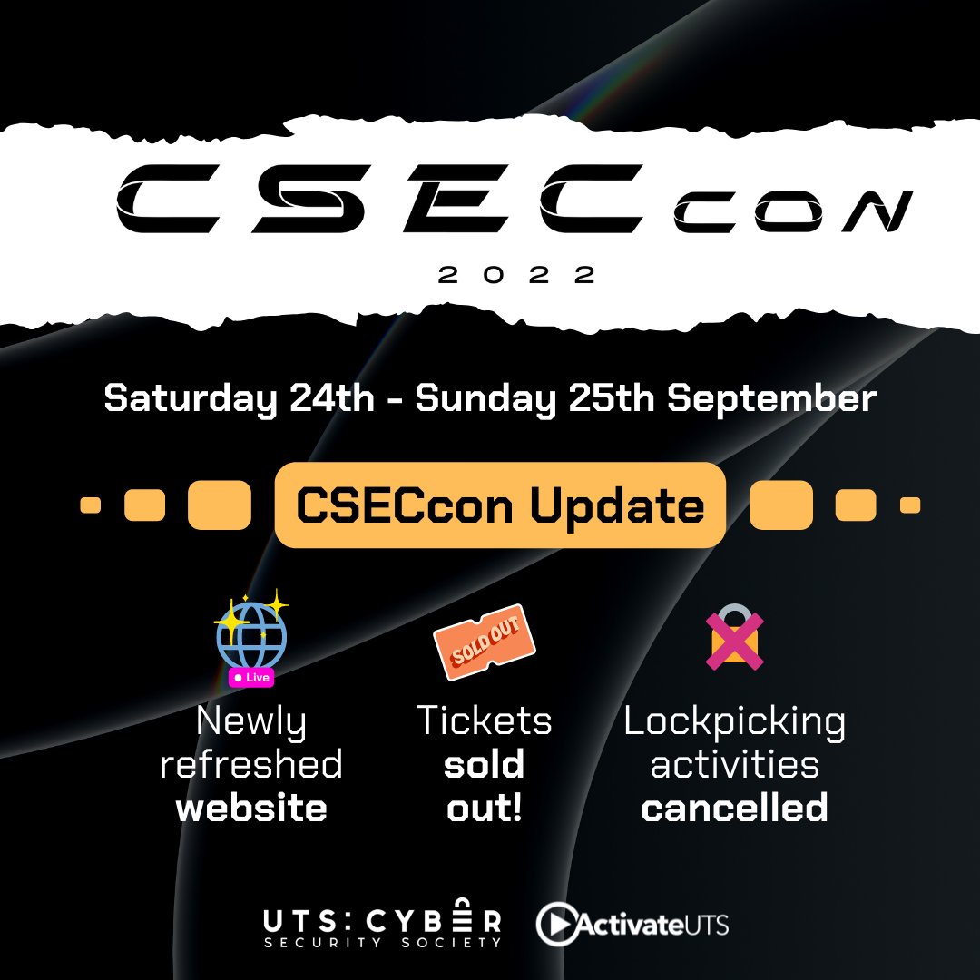 CSECcon update

Keen to learn more about the talks? Check out our newly refreshed website! 🍃 It's live!
cseccon.utscyber.org

Due to unforeseen circumstances, CSECcon lockpicking activities will unfortunately not be running.