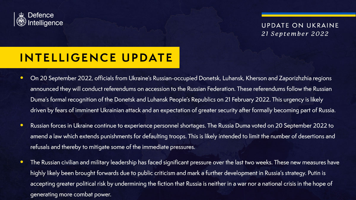 Latest Defence Intelligence update on the situation in Ukraine - 21 September 2022
 
Find out more about the UK government's response: ow.ly/wxa750KOFvx

🇺🇦 #StandWithUkraine 🇺🇦