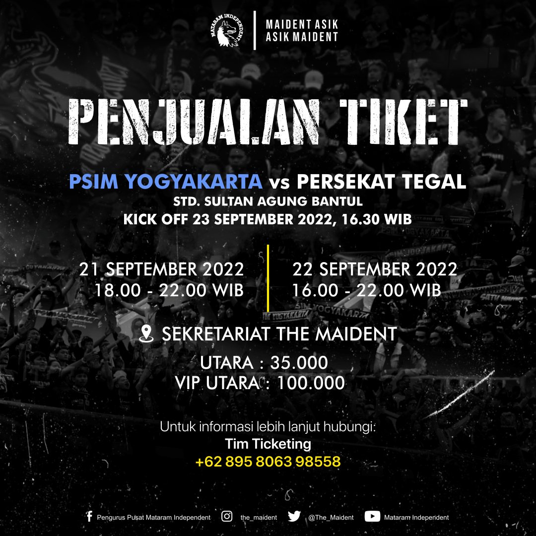 The_Maident's tweet photo. Info penjualan tiket Tribun Utara dan VIP Utara dab! Habiskan Dab! ππ€
Untuk informasi lebih lanjut hubungi:
Tim Ticketing
+62 895 8063 98558
#themaident #sarewa #PSIM #MataramIndependent #MaidentAsik https://t.co/uMt3HTZ9gV