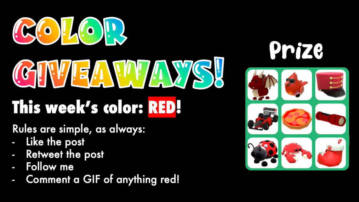 Introducing Color Giveaways 🌈
Each week (for 7 weeks), I will give away a set of 9 items of the same color. Each week will have a different color theme.
This week, the color is RED!

Rules are simple:
Like, retweet, follow and comment a red GIF.

#AdoptMe #AdoptMeGw #AdoptMeGws