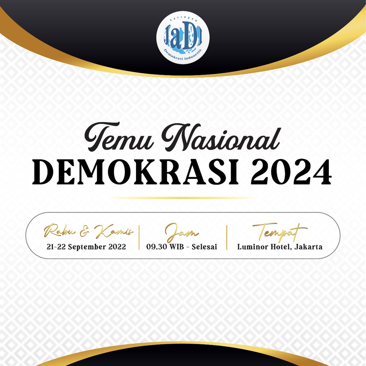 JaDI merupakan wadah berhimpun dari mereka yang pernah menjadi penyelenggara pemilu. Temu Nasional JaDi akan dihadiri pimpinan Nasional JaDI dan delegasi JaDI setiap Provinsi se-Indonesia. Temu Nasional JaDI akan berlangsung Rabu – Kamis, 21 – 22 September 2022.

#JaDI
#Demokrasi