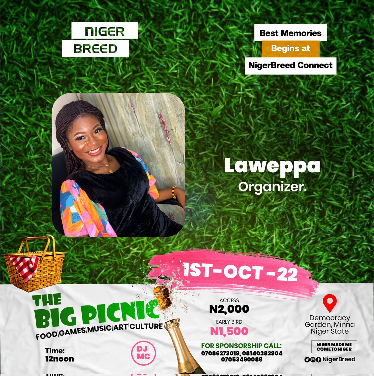 NigerBreed's tweet photo. There will be only one Big Picnic on independence day!!! And it's happening live at Democracy Garden Minna, Niger State Get Ready to PLAY, NETWORK &amp; Connect!!! #TheBigPicnic 

1st October | 12 Noon #NigerBreed #ComeToNiger #NigerState #picnic https://t.co/aTEqfpsxHU