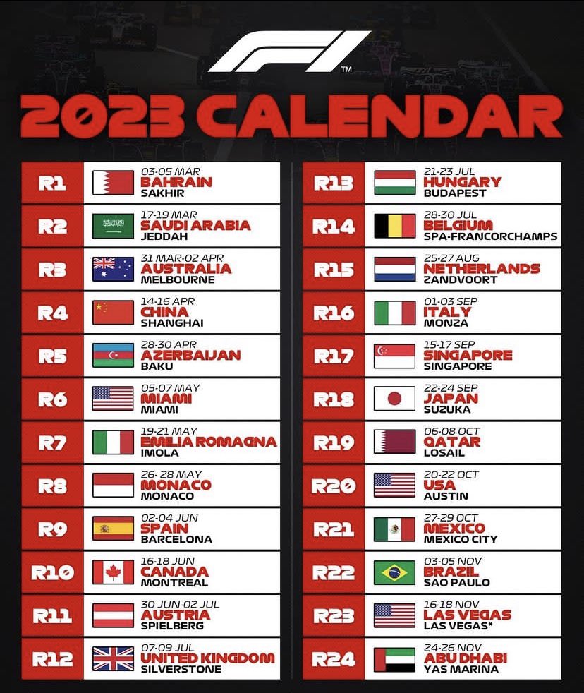 NBformule1's tweet photo. Le calendrier de la saison 2023 de F1 a été publié 

Malheureusement il n’y aura pas de GP de France 🇫🇷 

Le GP de Chine 🇨🇳 et du Qatar 🇶🇦 font le retour 

Et nous avons l’apparition d’un troisième GP des États Unis 🇺🇸 à Las Vegas

#F1 #Formula1 https://t.co/L2GBhjrvUM
