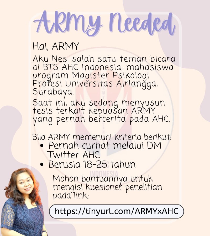 BTS_AHC_IDN's tweet photo. ARMY! AHC needs your help 💜

Sejak 2018 AHC sudah ada utk menemanimu. Apakah layanan kami benar-benar membantu &amp; memuaskan buatmu?
Nes, salah satu main, meneliti hubungan dukungan sosial online &amp; kepuasan layanan AHC untuk tesisnya.
Yuk isi kuesionernya: https://t.co/YiQsmvNcjK https://t.co/wS5vnE3il1