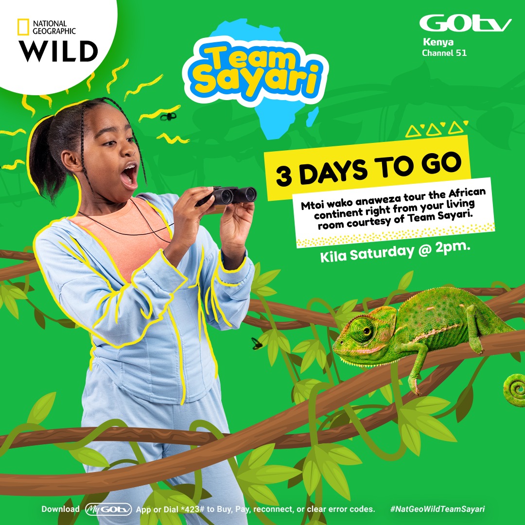 3 DAYS TO GO!

Your little one will tour the African continent right from your living room courtesy of Team Sayari premiering this Saturday on GOtv Channel 51 at 2pm.

Download #MyGOtvApp or Dial *423# to buy, pay, reconnect, or clear error codes. #NatGeoWildTeamSayari kila Sato