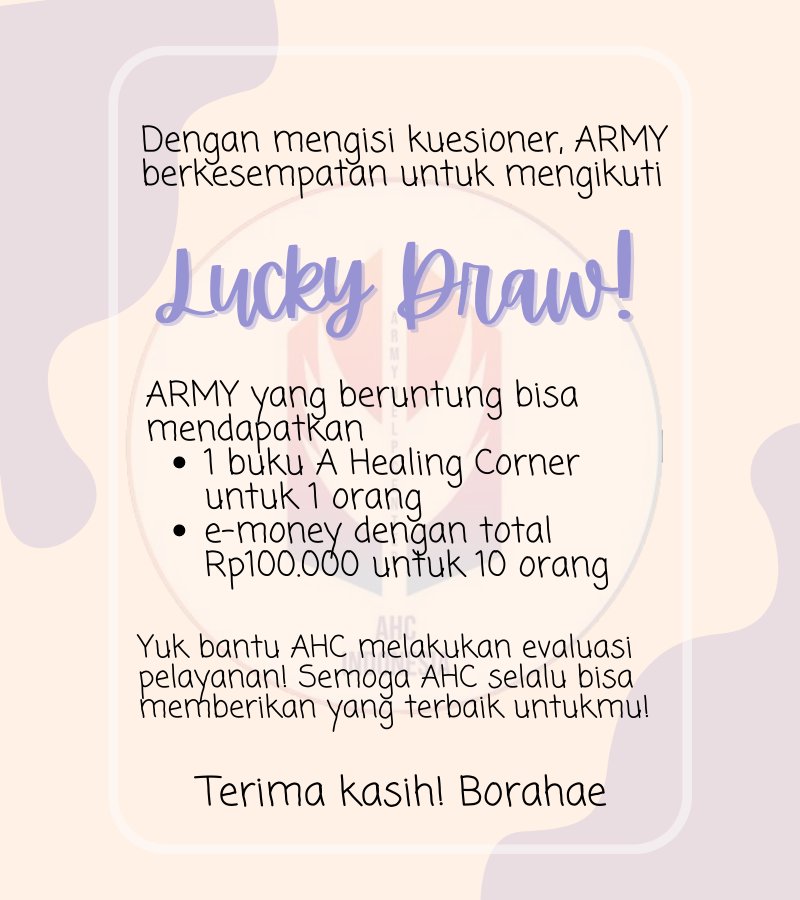BTS_AHC_IDN's tweet photo. ARMY! AHC needs your help 💜

Sejak 2018 AHC sudah ada utk menemanimu. Apakah layanan kami benar-benar membantu &amp; memuaskan buatmu?
Nes, salah satu main, meneliti hubungan dukungan sosial online &amp; kepuasan layanan AHC untuk tesisnya.
Yuk isi kuesionernya: https://t.co/YiQsmvNcjK https://t.co/wS5vnE3il1