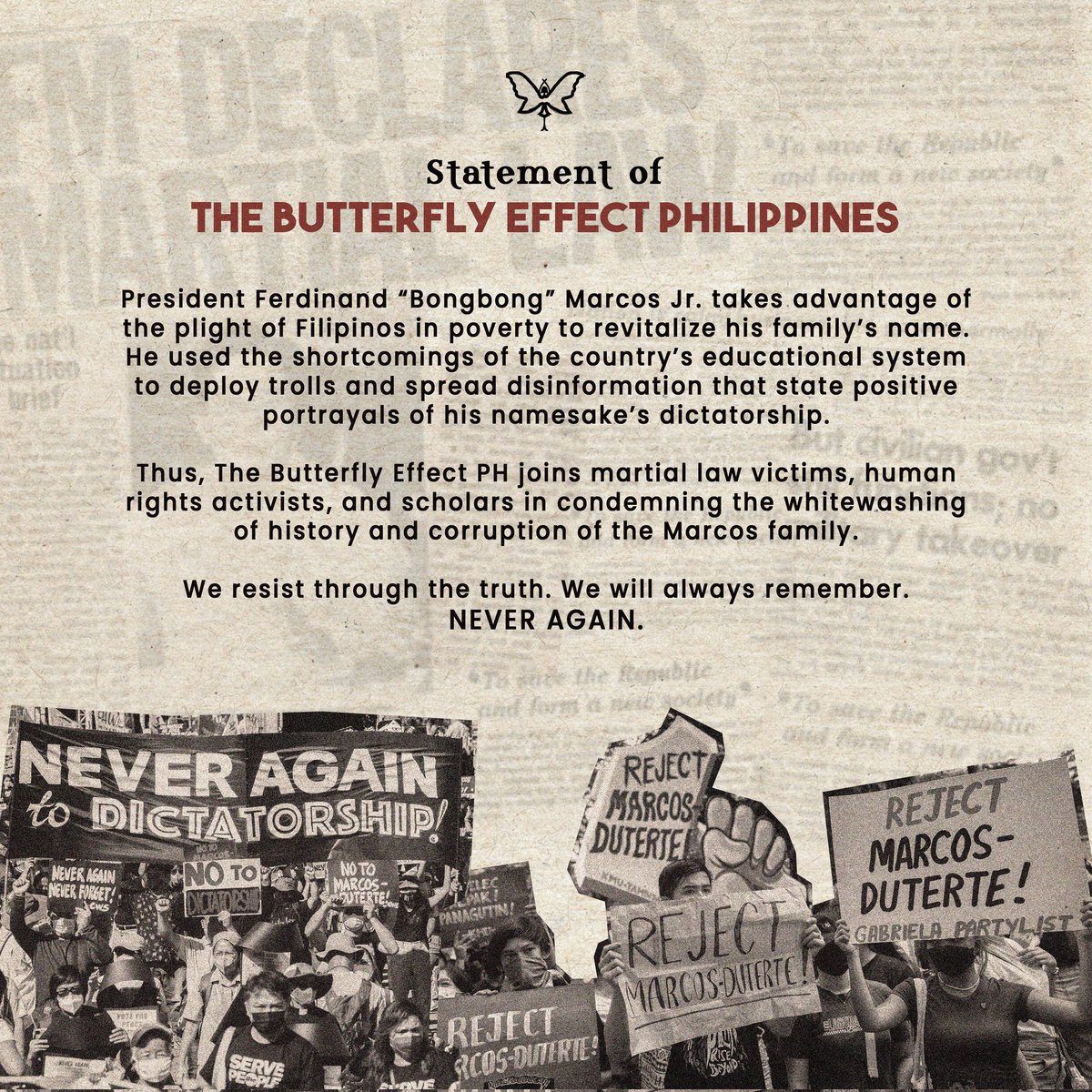 TBE_PH's tweet photo. The Butterfly Effect PH commemorates the 50th anniversary of the Martial Law declaration. https://t.co/o0jgQ40RaL
