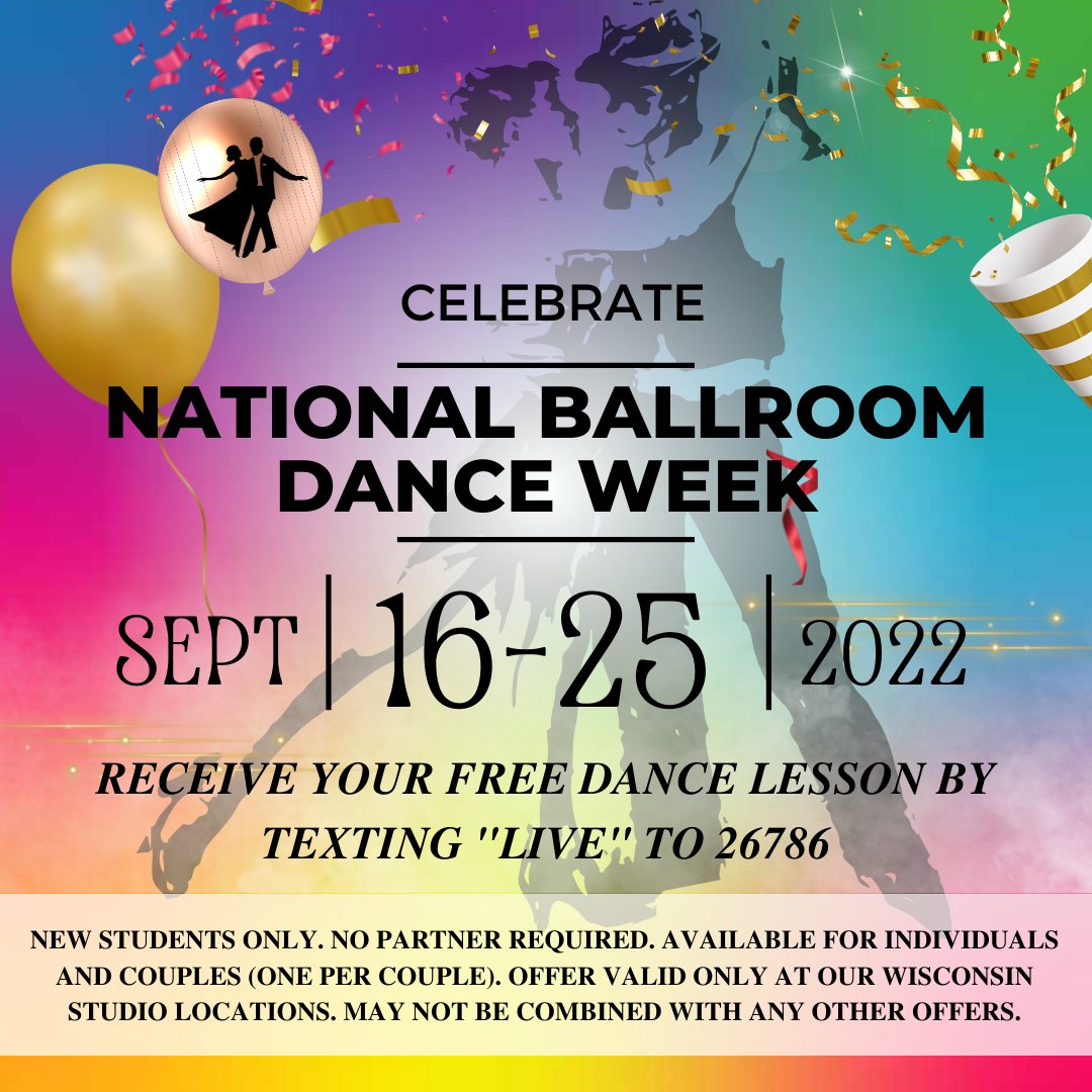 FADSBrookfld's tweet photo. We're celebrating National Ballroom Dance Week all through September! To receive your complimentary dance lesson, and celebrate with us, simply text "LIVE'" to 26786! We'll see you out on the dance floor! **NEW STUDENTS ONLY**
.
.
.
⭐️ Try something new in 2022! ⭐️ https://t.co/T76FdeVDWX