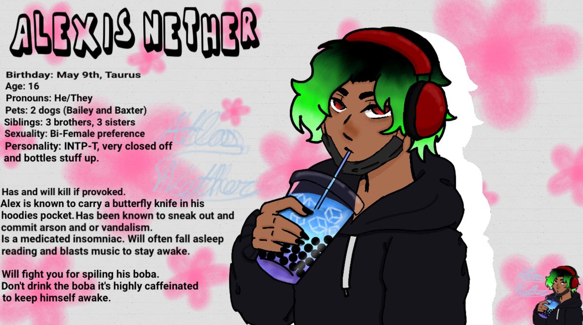 AtlasNether's tweet photo. Trying to make official reference sheet stuff so I don't have to fail using memoryyyy- you can go like this on Instagram and DeviantArt now, thanks bestie.

#shitmemory #OCart #digitalart #ImBored #insomnia #LGBTQ #boba https://t.co/8IGhp6jwHx