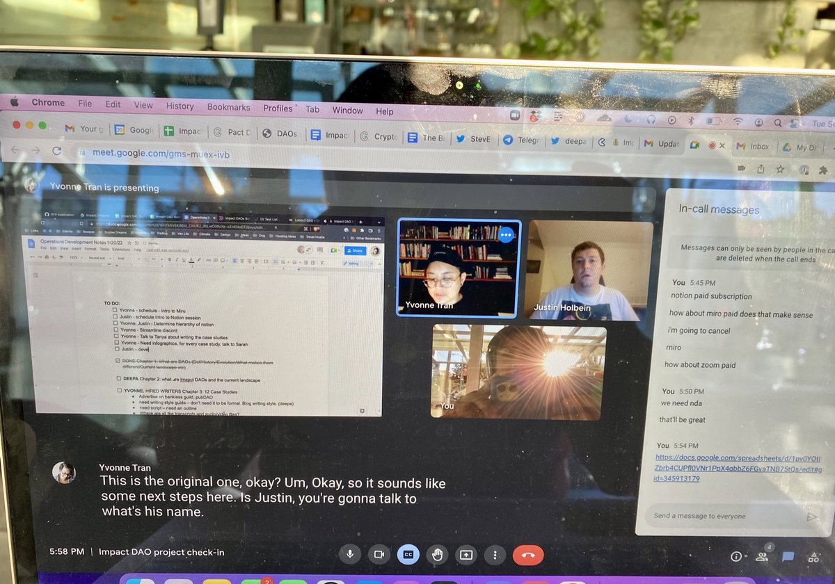 deeparocks's tweet photo. we can barely hear and see each other but dao work goes on #daolife @ImpactDAOMedia daomate @0xSardius @tranimal and me ❤️🙌 https://t.co/nub1Vv5YMq