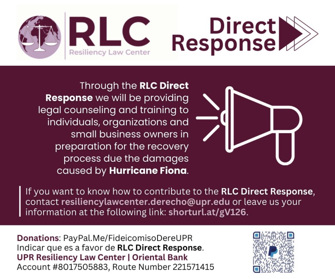 The Resiliency Law Center at University of Puerto Rico works to help communities after disasters providing legal assistance to community leaders, non profits and small businesses in the recovery process. <a href="/UPRResLaw/">Resiliency Law Center</a> <a href="/Derecho_UPR/">Escuela de Derecho</a>.  Donations:fideicomisoderechoupr.org/campaigns/rlc-… <a href="/Filantropia_pr/">Filantropía Puerto Rico</a>